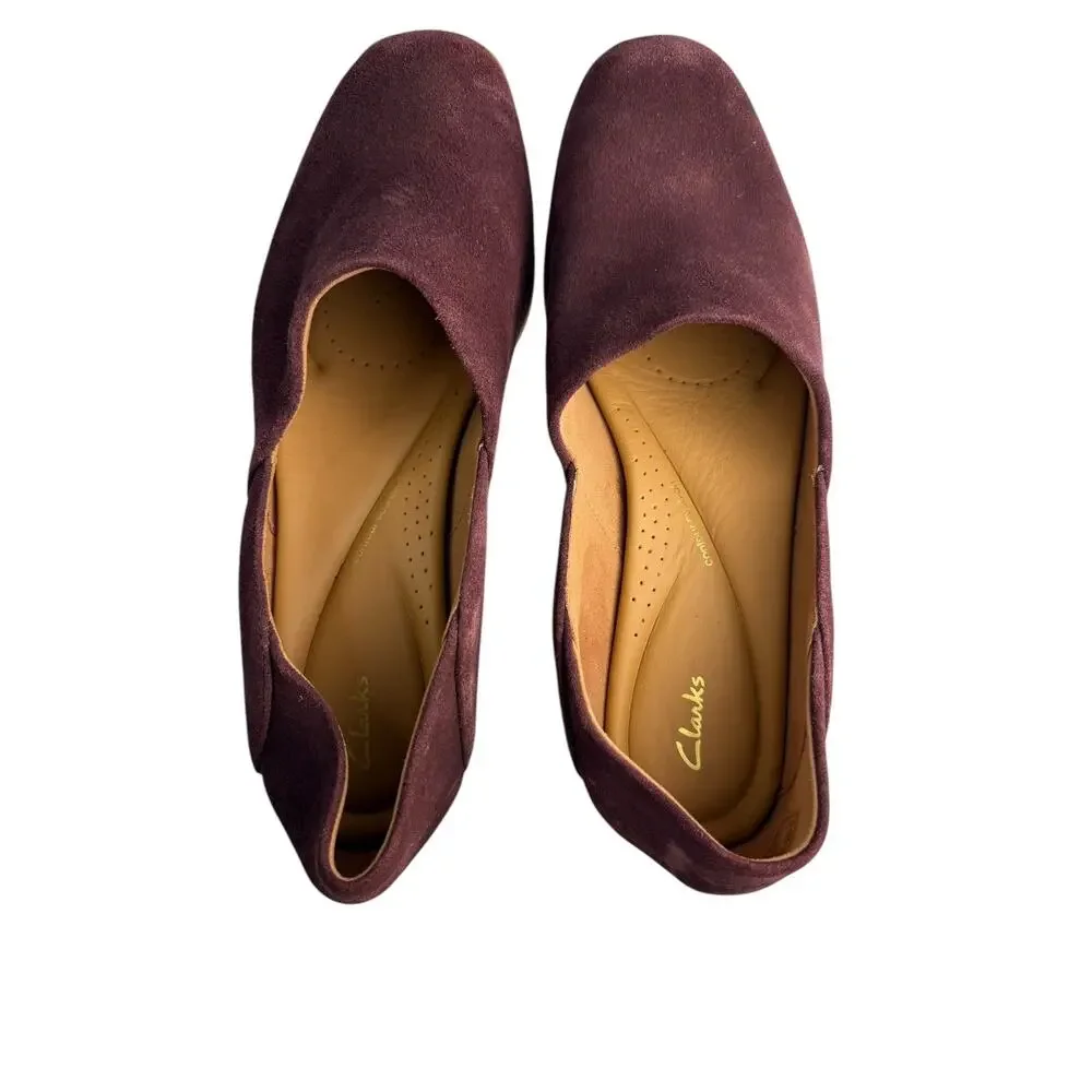 Clarks Women's Pure Belle Burgundy‎ Suede Slip On Dress Loafers Size 9.5 NWOB
